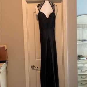 Worn twice; black satin evening gown